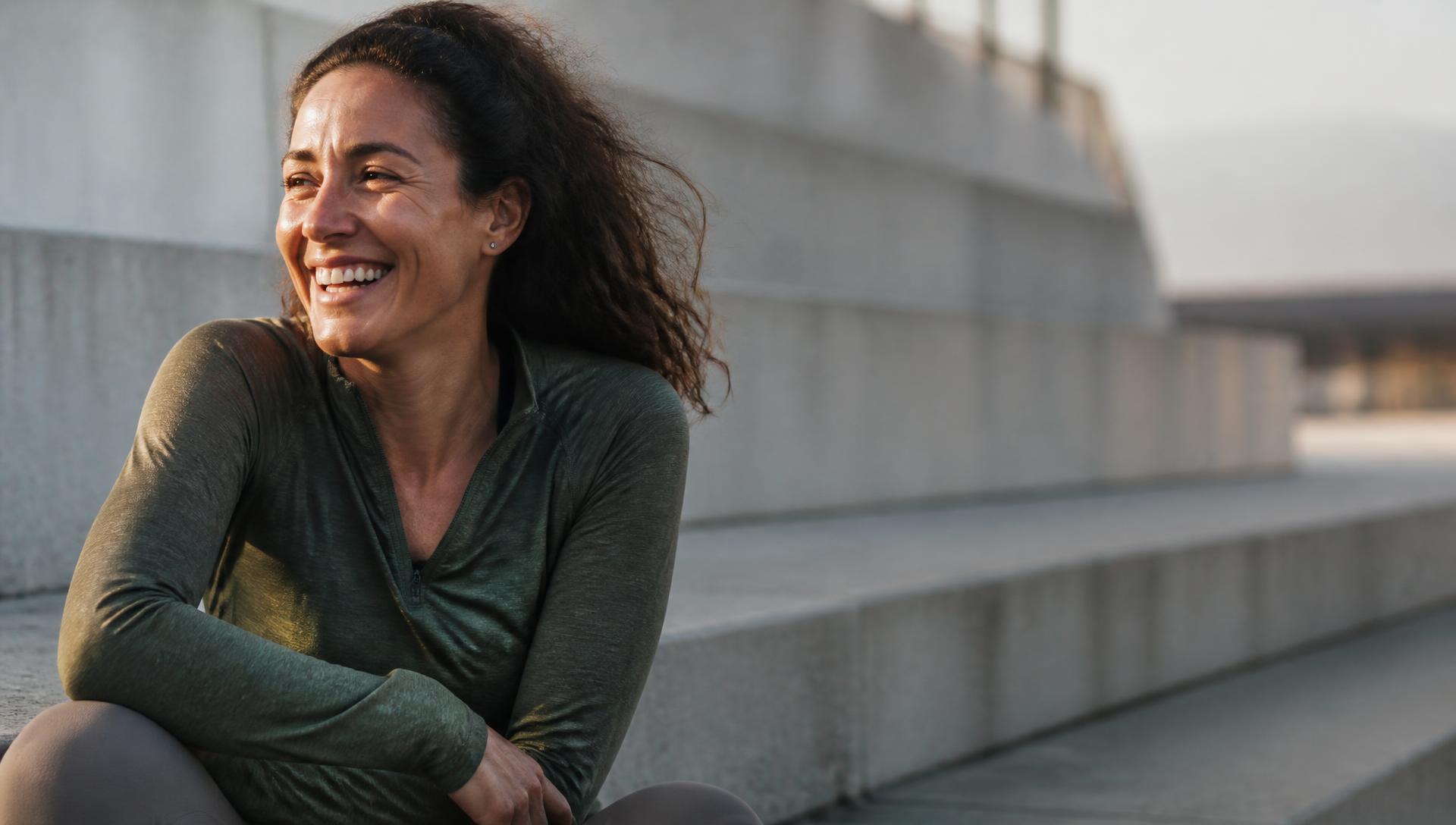 Woman laughing on sunlit steps after a morning run — Peptides by DrThriveRx