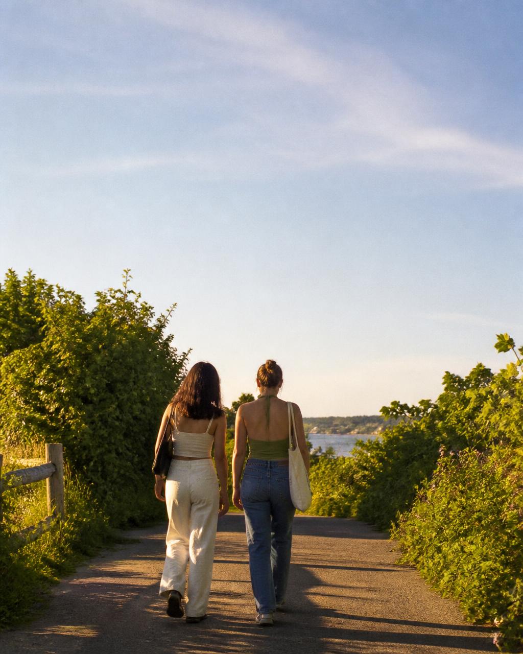 Two people walking outdoors on a summer afternoon