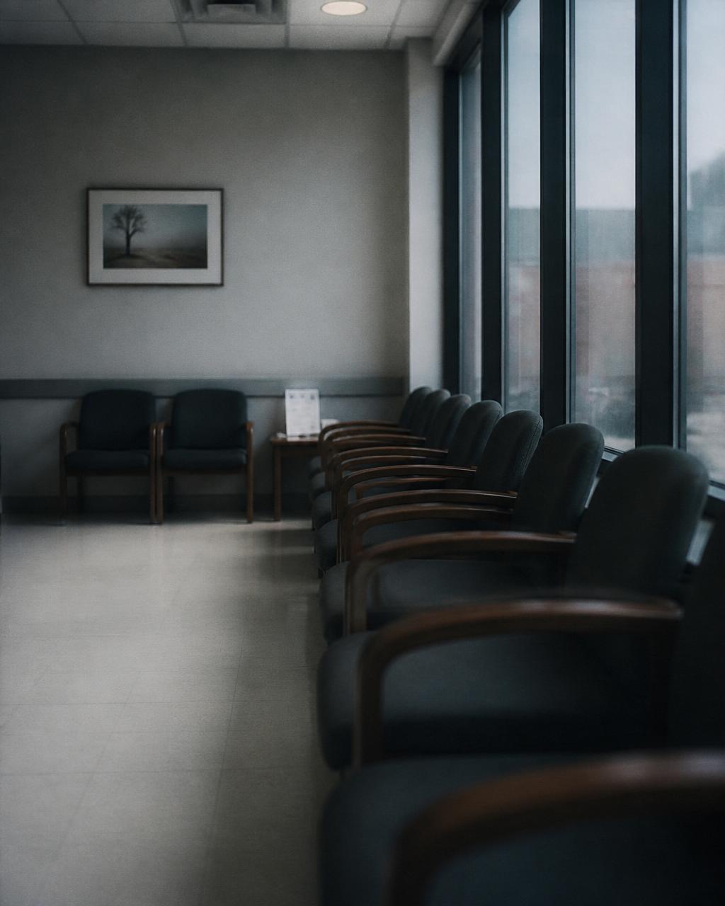 Empty clinical waiting room with rows of vacant chairs
