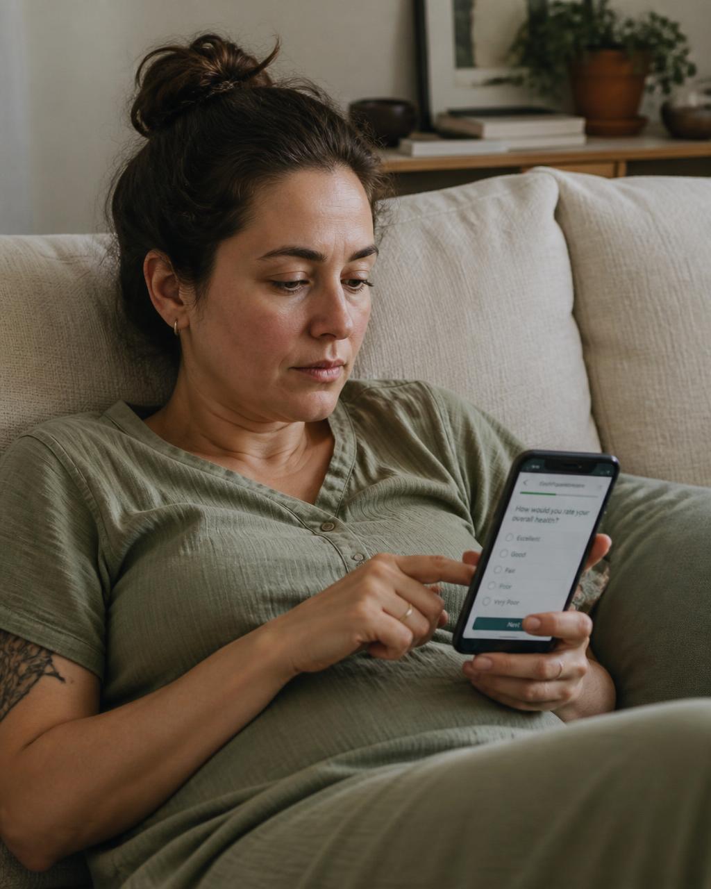 Woman completing an online health assessment on her phone at home