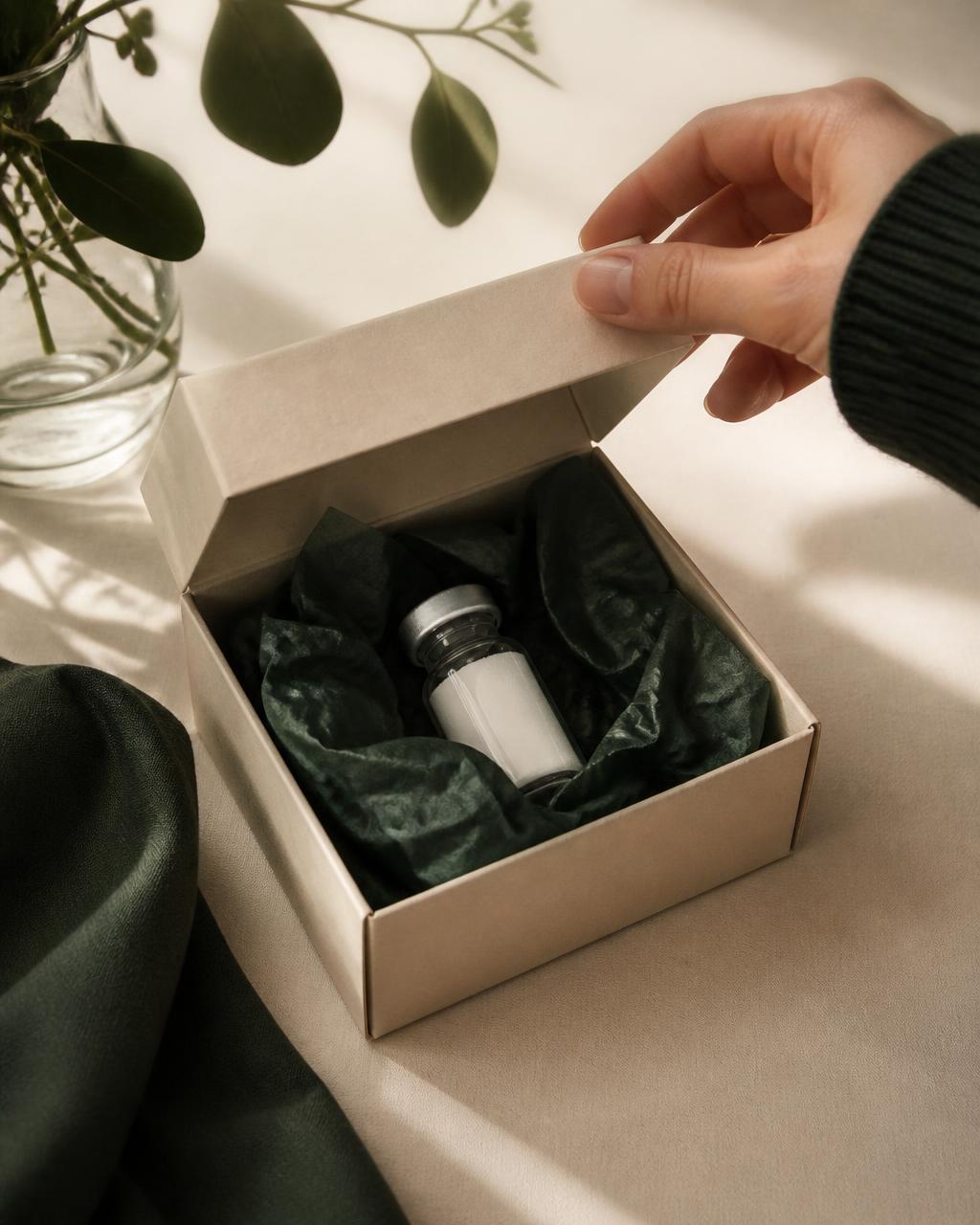Hand opening a discreet shipping box containing a medication vial